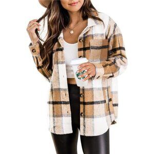 Womens Plaid Shacket Jacket Button Down Flannel Shirt Long Sleeve Pockets